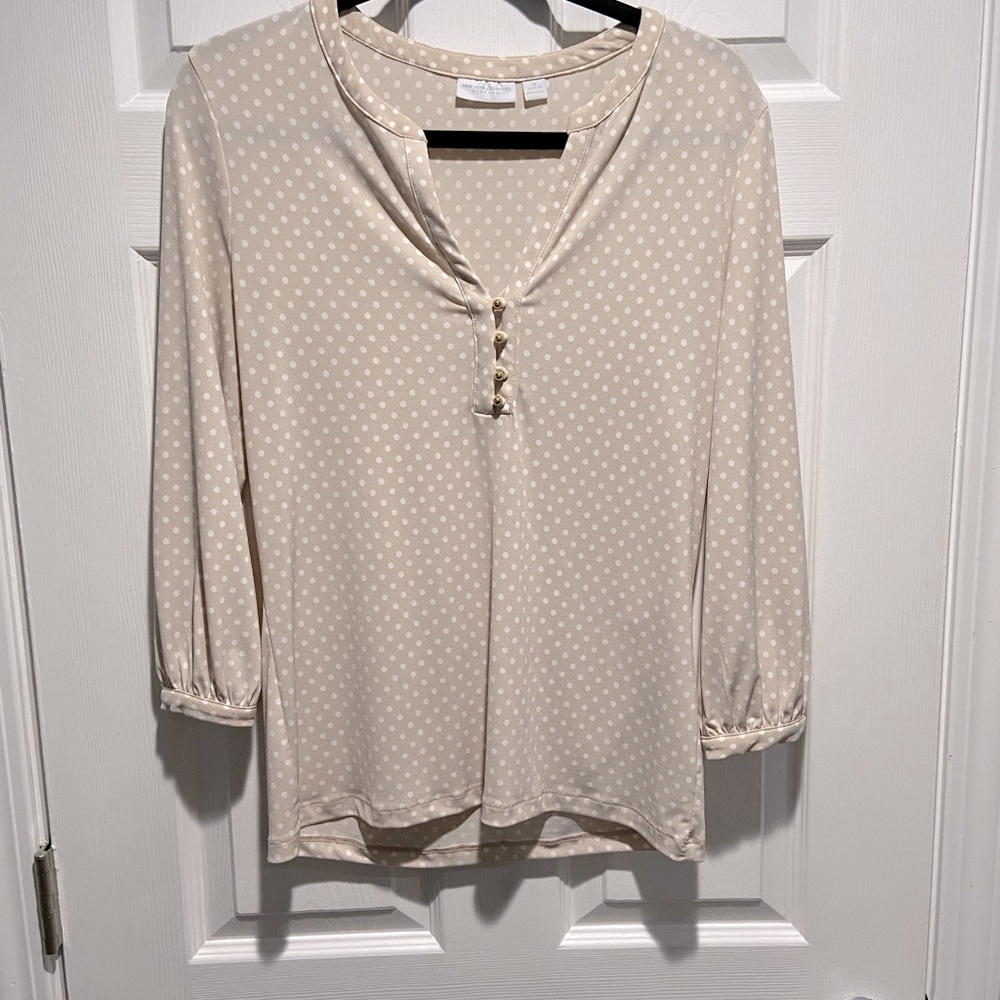 New York & Company Cream and White Polka Dot Top